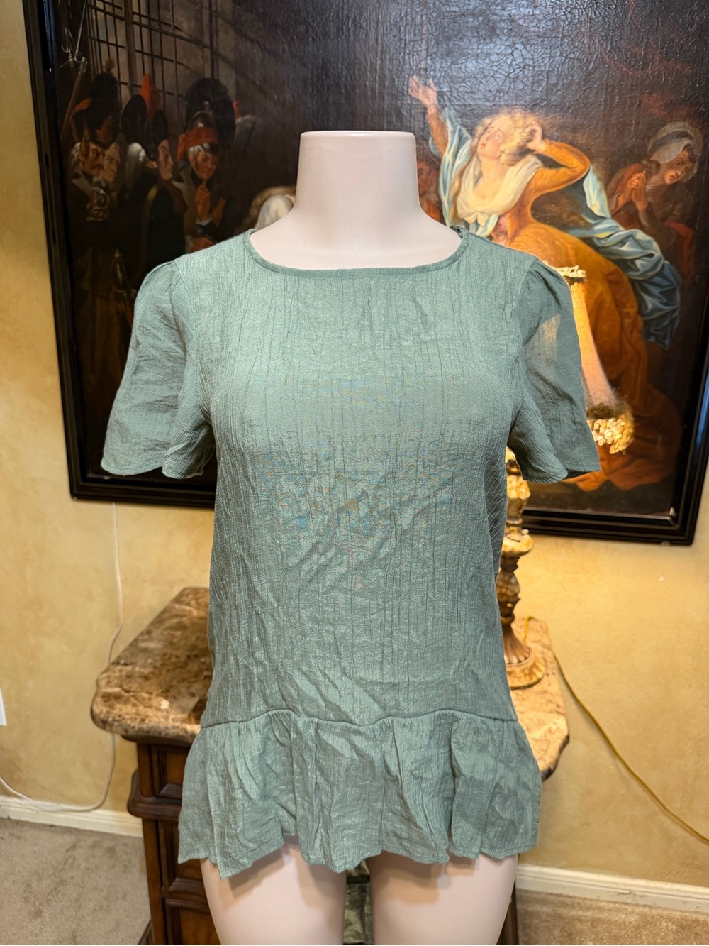 Lily White Mint Green Short Sleeve Ruffle-Hem Top